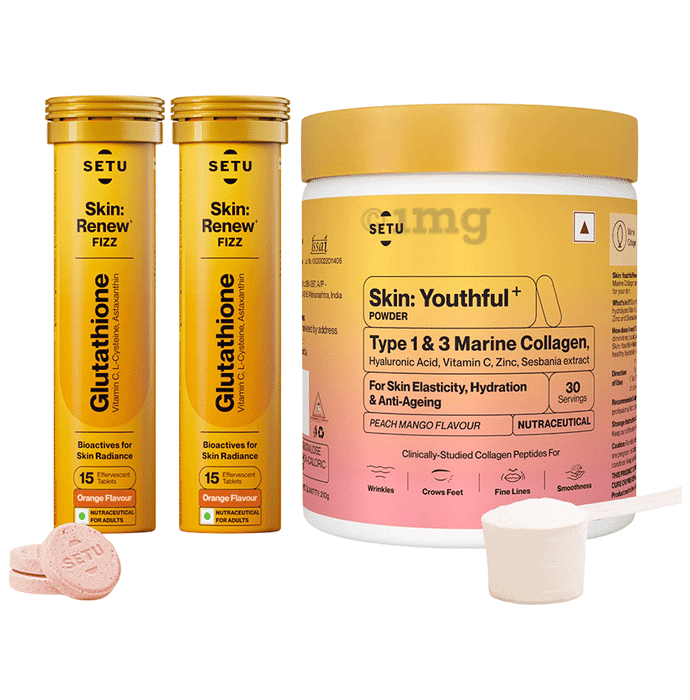Setu Skin Radiance Combo Pack of Skin Glow Fizzy Glutathione Effervescent Tablets (30 Each) & Marine Collagen Powder (210gm)