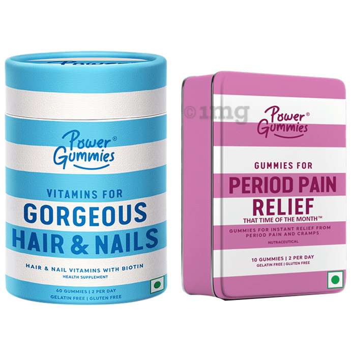 Power Gummies Combo Pack of Vitamins for Gorgeous Hair & Nails (60 Each) & Gummies for Period Pain Relief (10 Each)