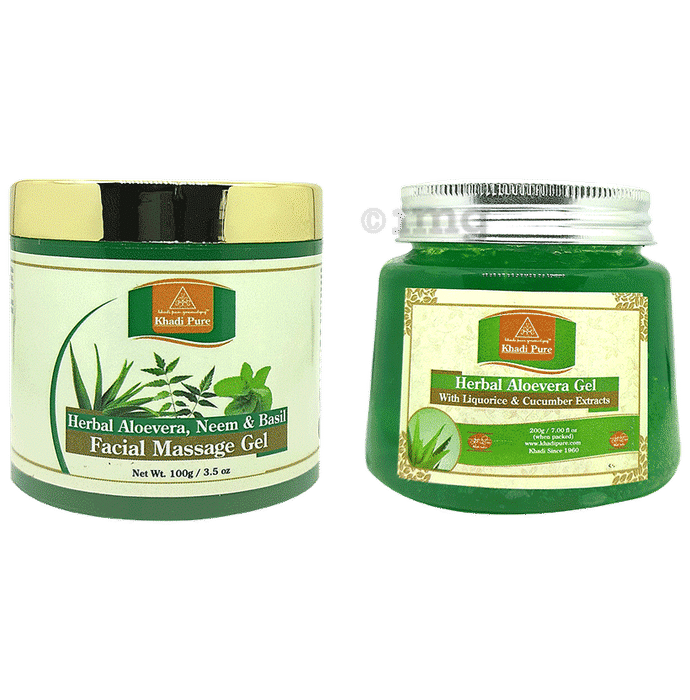 Khadi Pure Combo Pack of Aloevera,Neem & Basil Facial Massage Gel (100gm) & Herbal Aloevera Gel With Liquorice & Cucumber Extracts (200gm)