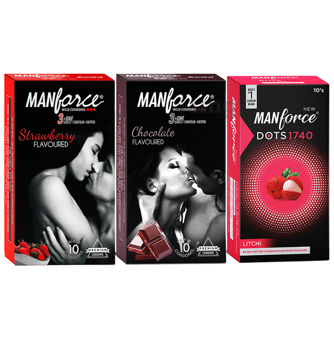Manforce Combo Pack of Strawberry Flavoured Condom, Chocolate Flavoured Condom, Dots 1740 Litchi Flavoured Condom (10 Each)