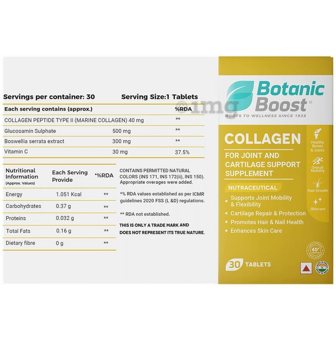 Botanic Boost Collagen Tablet for Joint Health, Cartilage Protection (Type II marine Collagen & Boswellia)