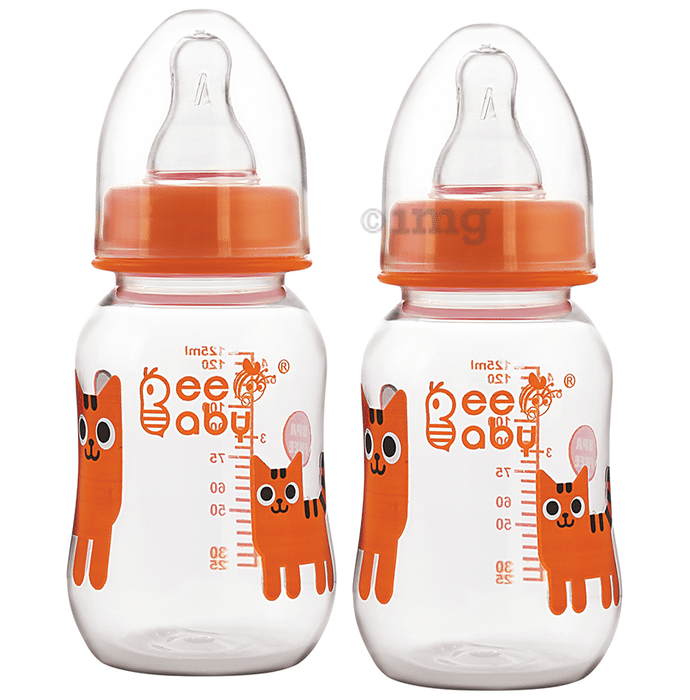 BeeBaby Start Slim Neck Baby Feeding Bottle with 4 Anti - Colic Gentle Touch Silicone Nipples 4 Months + (125ml Each) Orange