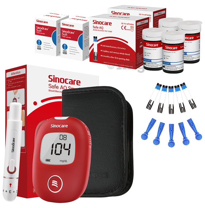 Sinocare Safe AQ Smart Glucometer Blood Glucose Monitoring System with 100 Test Strips, 100 Lancets and A Lancing Device Free