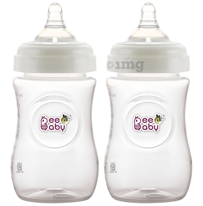 BeeBaby Ease Wide Neck Baby Feeding Bottle with Medium Flow Anti-Colic Soft Silicone Nipple 8 Months + (300ml Each) White