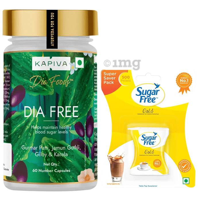 Combo Pack of Sugar Free Gold Low Calorie Aspartame Sweetener Pellet (500) & Kapiva Dia Free Capsule (60)