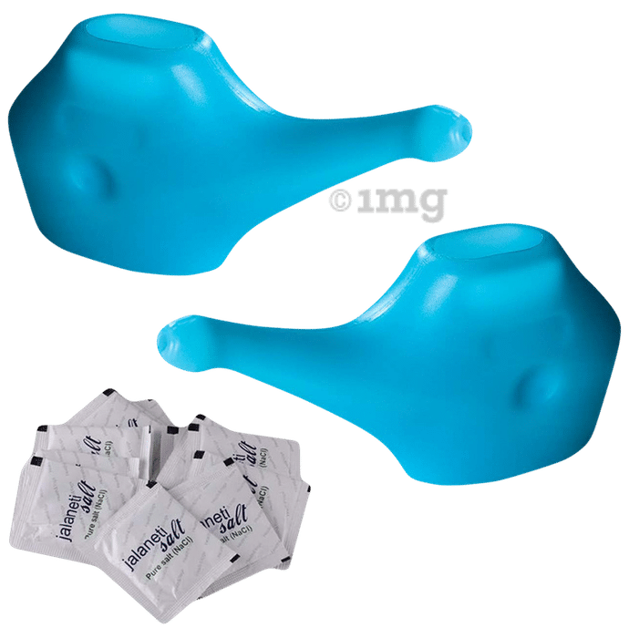 HealthAndYoga Combo Pack Of Travel Neti Pot - Nasal Wash - White + 10 Jala Neti salt Blue