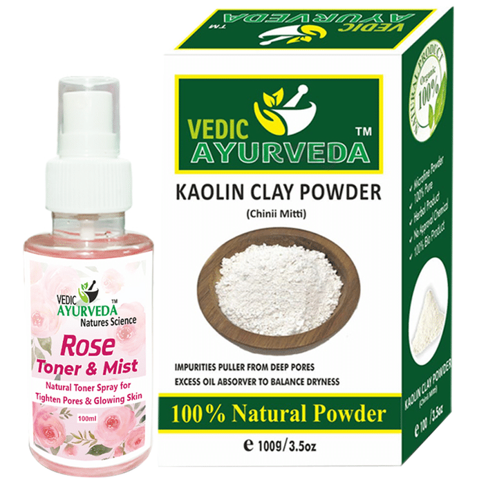 Vedic Ayurveda  Combo Pack of Kaolin Clay powder (100gm) with Rose Water (100gm)