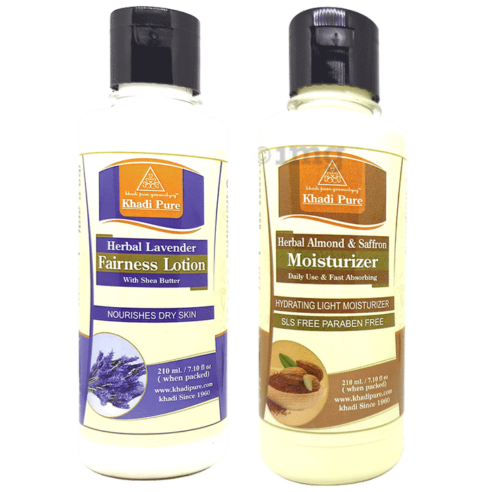 Khadi Pure Combo Pack of Herbal Lavender Fairness Lotion & Herbal Almond & Saffron Moisturizer SLS Free & Paraben Free (210ml Each)