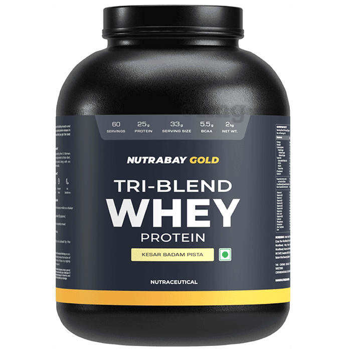 Nutrabay Gold Tri-Blend Whey Protein for Muscle Recovery & Immunity | No Added Sugar | Flavour Powder Kesar Badam Pista