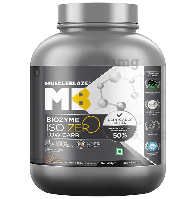 MuscleBlaze Biozyme Iso Zero Low Carb | Improves Protein Absorption by 50% | Flavour Powder Cookie and Cream