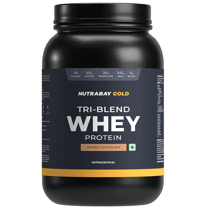 Nutrabay Gold Tri-Blend Whey Protein for Muscle Recovery & Immunity | No Added Sugar | Flavour Powder Double Chocolate