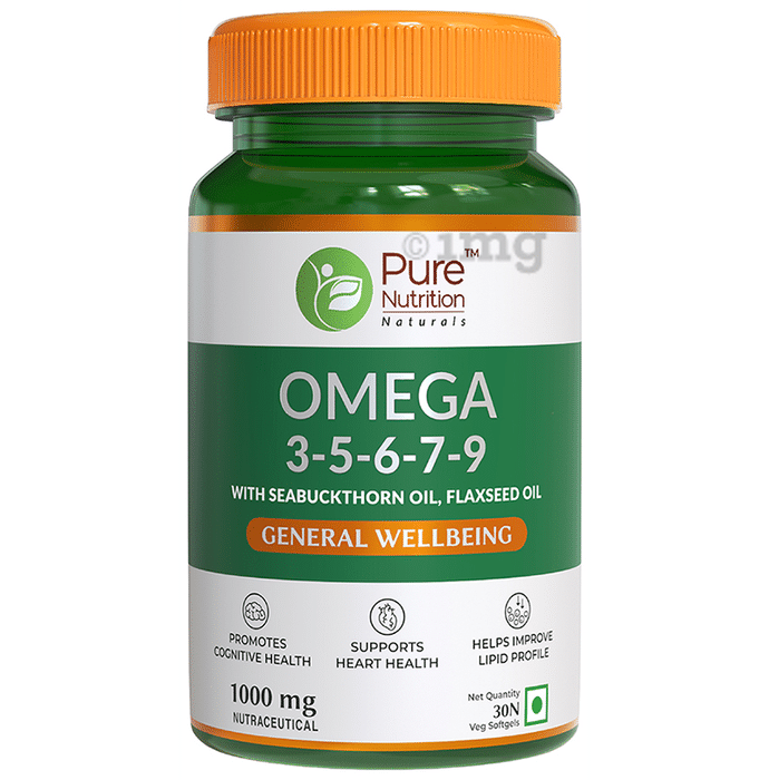 Pure Nutrition Omega 3-5-6-7-9 with Seabuckthorn & Flaxseed Oil | Veg Softgels for Heart & Brain Health