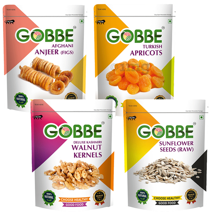 Combo Pack of Gobbe Afghani Anjeer (Figs), Turkish Apricots, Deluxe Kashmiri Walnut Kernels, Sunflower Seeds Raw (200gm Each)