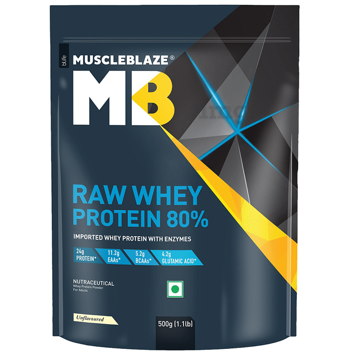 MuscleBlaze Raw Whey Protein 80% | Added Digestive Enzymes For Muscle gain | No Added Sugar | Flavour Powder Unflavored
