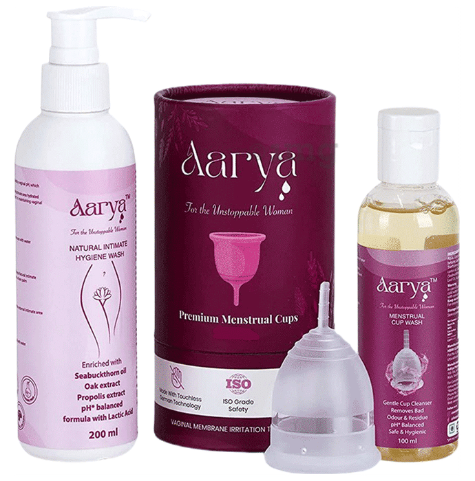 Aarya Combo Pack of Natural Hygiene Intimate Wash (200ml), Menstrual Cup Wash Liquid (100ml) & 12 Hours Leakage Protection Menstrual Large