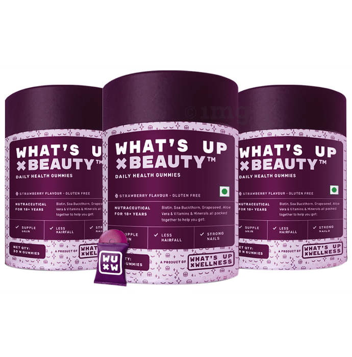 What's Up Wellness Beauty Gummies  for Hair Growth, Bright Skin & Strong Nails (30 Each) Strawberry