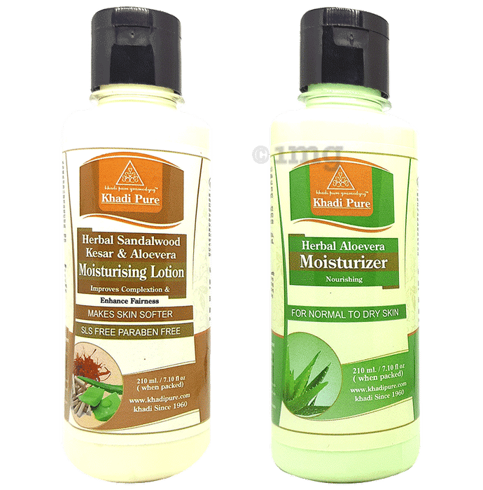 Khadi Pure Combo Pack of Herbal Aloevera Moisturizer & Herbal Sandalwood Kesar & Aloevera Moisturising Lotion SLS & Paraben Free (210ml Each)