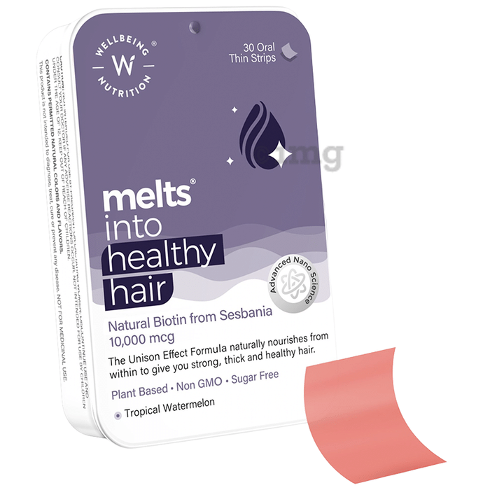 Wellbeing Nutrition Melts into Healthy Hair Natural Biotin 10,000mcg Oral  Thin Strip Plant Based Tropical Watermelon Sugar Free: Buy box of 30  disintegrating strips at best price in India | 1mg