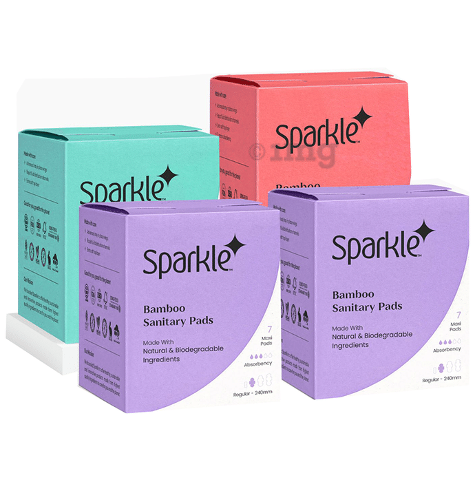 Sparkle Combo Pack of Bamboo Sanitary Pads Made with Natural Biodegradable Ingredients 2 Regular, 1 Overnight & 1 Large (7 Each)