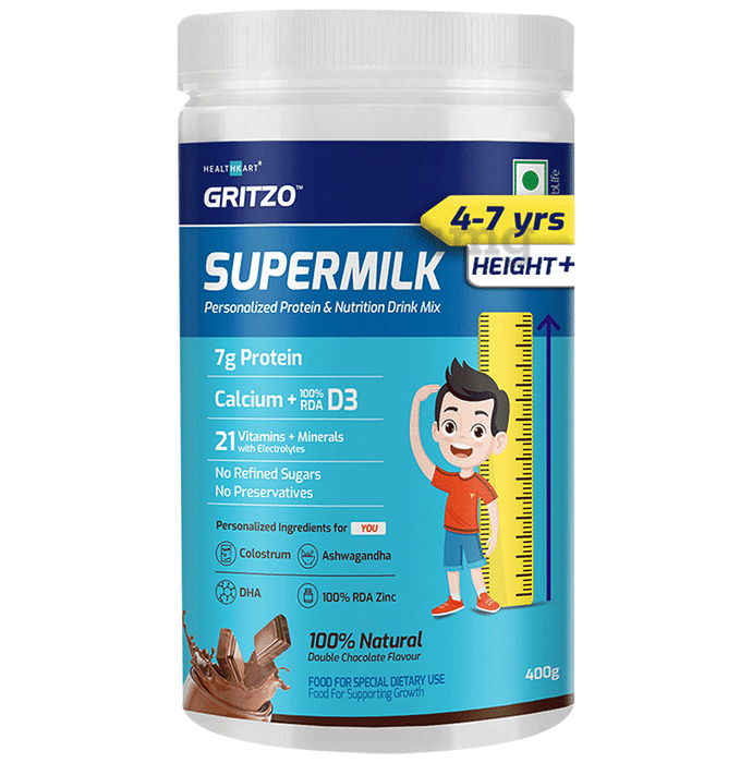 Gritzo Super Milk Protein Height+ for 4 to 7 Years | With Calcium & Vitamin D3 | Flavour Double Chocolate