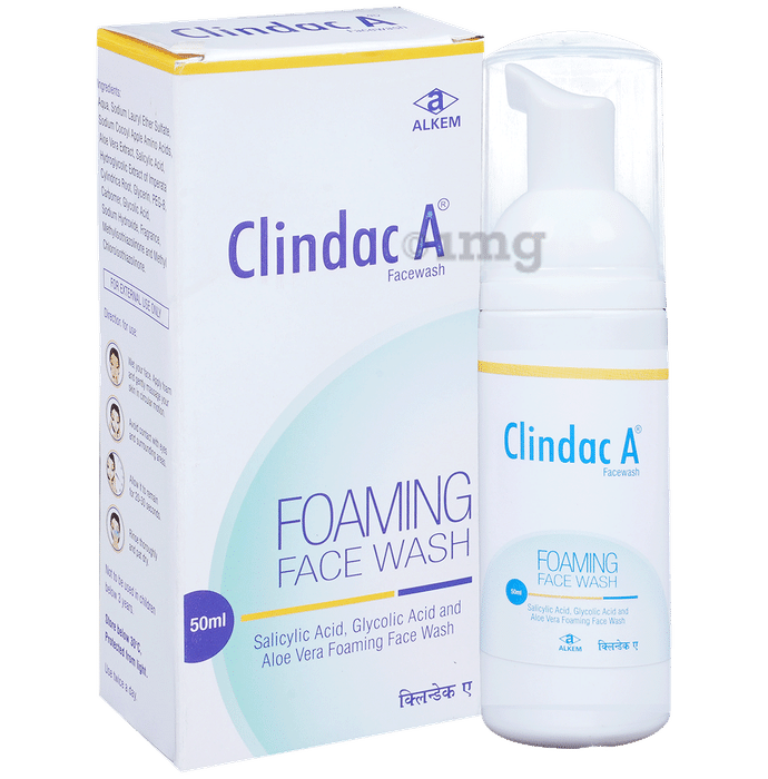 Clindac A Foaming Face Wash with Aloe Vera, Salicylic & Glycolic Acid | For Acne Prone, Dry Skin
