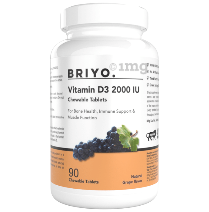 Briyo Vitamin D3 2000IU Chewable Tablet Promotes Calcium Absorption, Bone Health, Muscle Strength, and Immunity Natural Grape