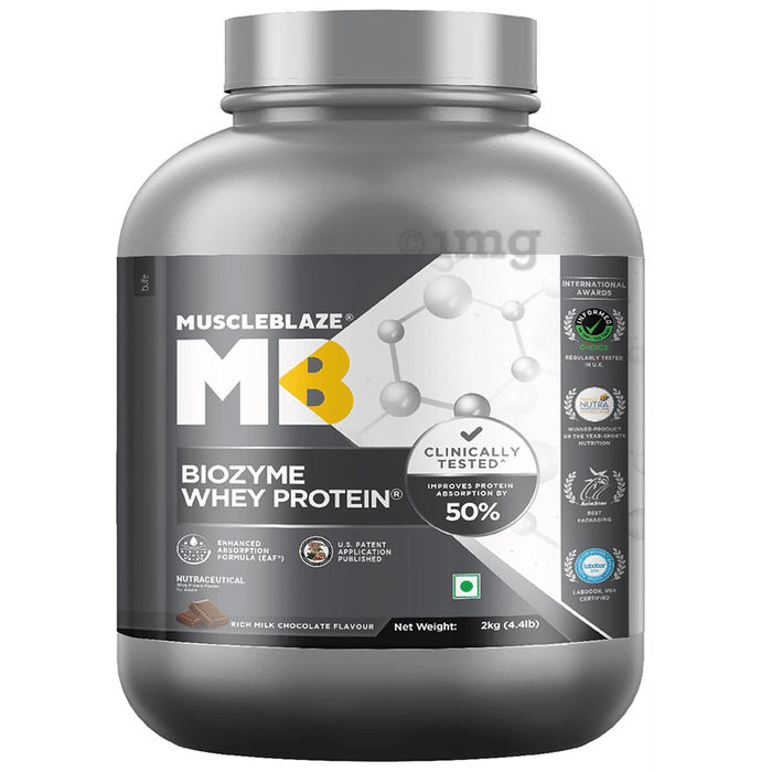 MuscleBlaze Rich Milk Chocolate Flavour | Biozyme Whey Protein | Powder for Muscle Gain | Improves Protein Absorption by 50%