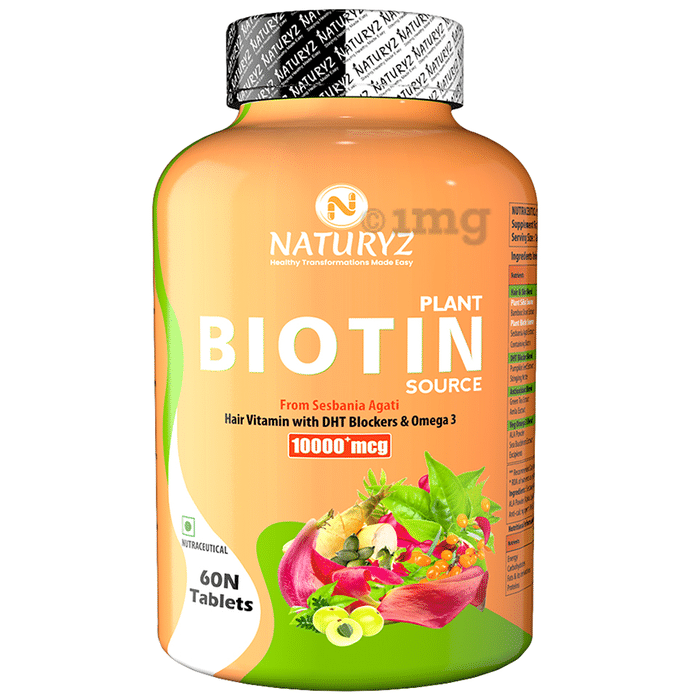 Naturyz 100% Plant Biotin Tablets with DHT Blocker & Omega for Nails, Hair & Skin (60 Each)