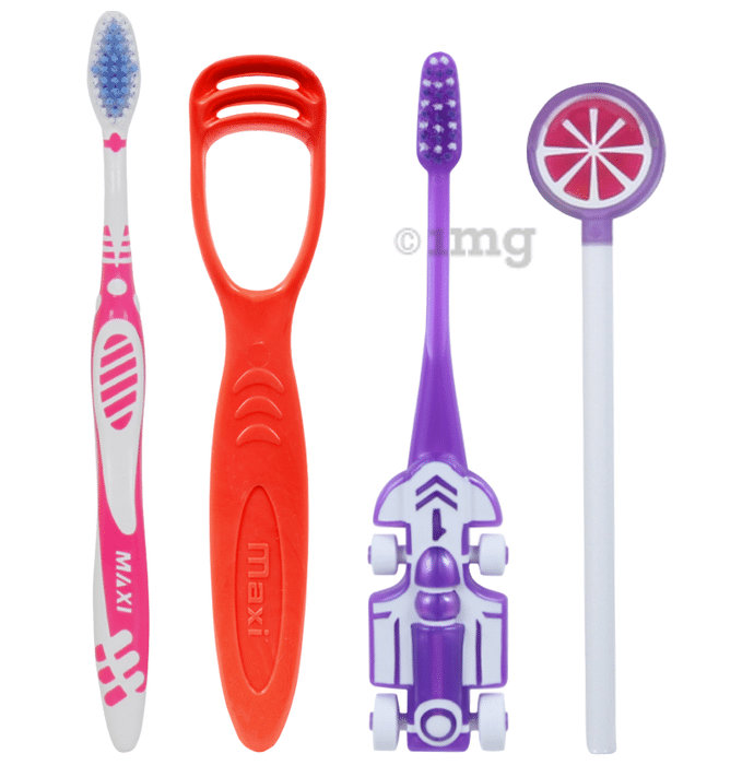 Maxi Oral Care Family Pack of 1 Zoom Car Junior Toothbrush, 1 Adult Sensitive+ Toothbrush, 1 Tongue Cleaner 1 Number and 1 Watermelon Lollipop Tongue Cleaner