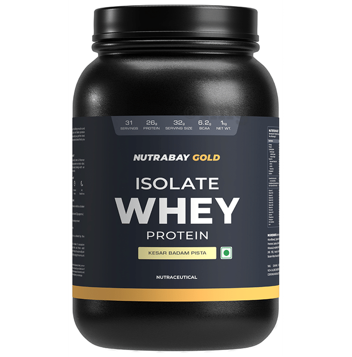 Nutrabay Gold Isolate Whey Protein for Muscles, Recovery, Digestion & Immunity | No Added Sugar  Kesar Badam Pista