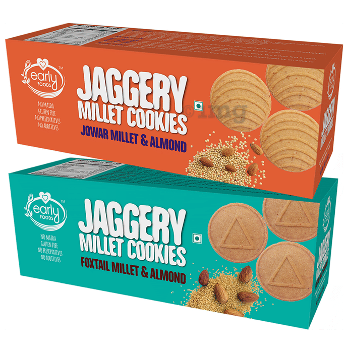 Early Foods Combo Pack of Jaggery Millet Cookies Jowar Millet & Almond and Jaggery MIllet Cookies Foxtail Millet & Almond (150gm Each)