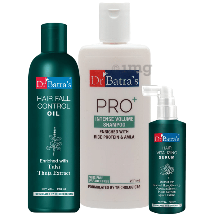 Dr Batra's Combo Pack of Hair Vitalizing Serum 125ml, Hair Fall Control Oil 200ml and Pro+ Intense Volume Shampoo 200ml