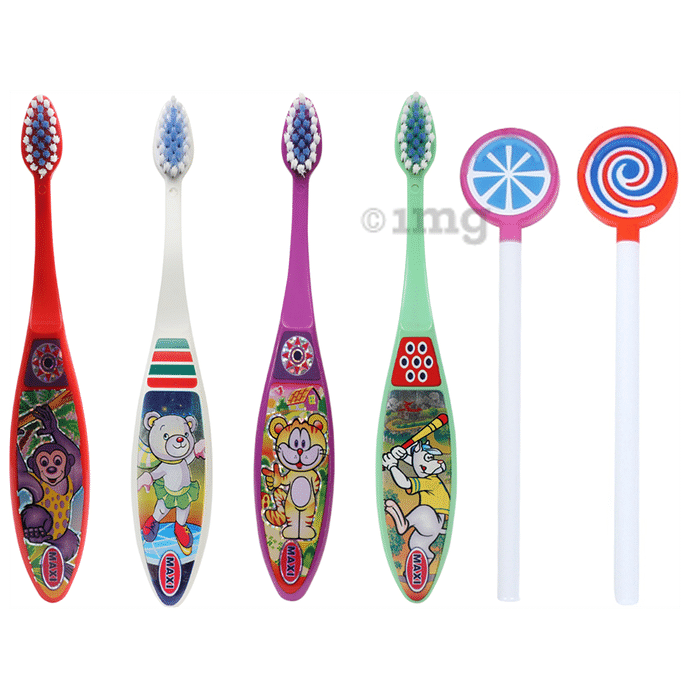 Maxi Oral Care Junior Pack of 4 Toffee Junior Toothbrush and 2 Lollipop Tongue Cleaner