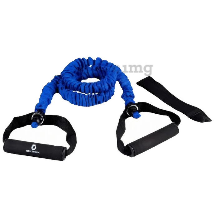 Healthtrek Resistance Tube with Heavy Duty Protective Nylon Sleeve & Door Anchor Blue 40 Lbs