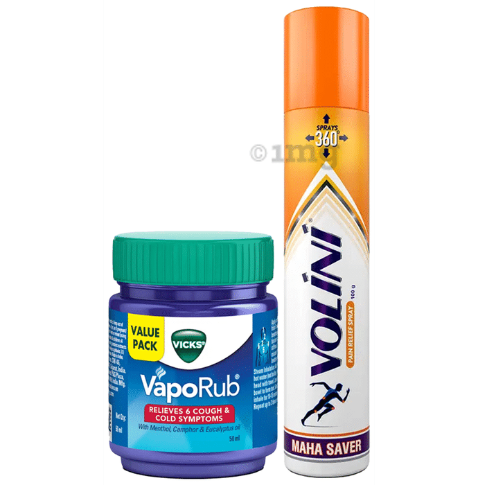 Combo Pack of Volini for sprain, muscle and joint pain Spray (100gm) & Vicks Vaporub (50gm)