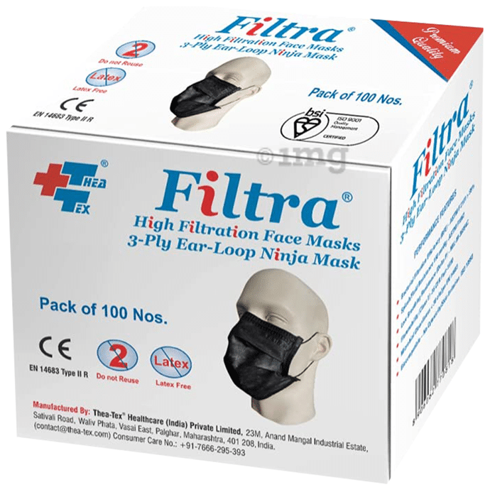 Filtra High Filtration 3 Ply Ear Loop Ninja Face Mask Black