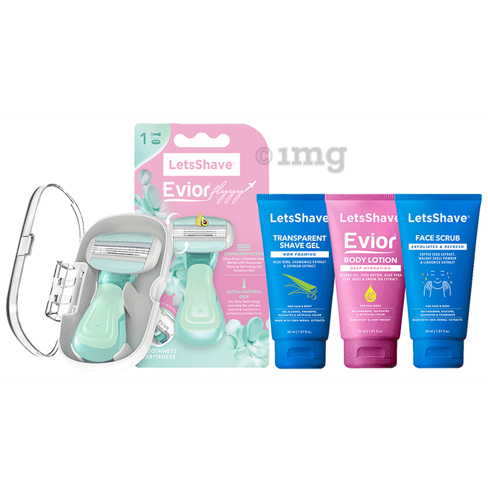 LetsShave Evior Flyyy Body Care Kit Hair Removal Razor for Women  with Transparent Shave Gel,Body Lotion,Face Scrub