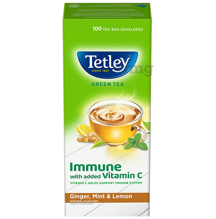 Tetley Green Tea Immune with Added Vitamin C Tea Bag (1.4gm Each) | Flavour Ginger, Mint & Lemon