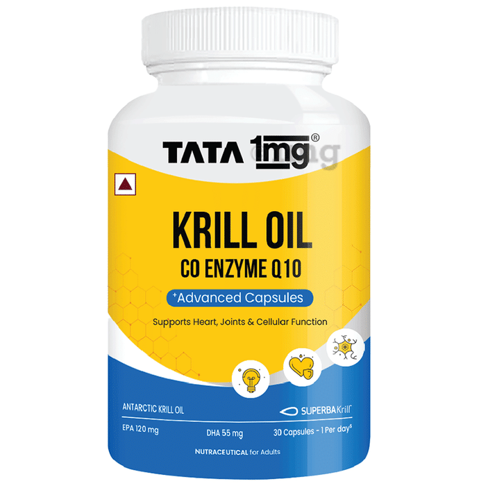 Krill Oil Omega-3 with CoQ10 | 1000mg Krill Oil, EPA, DHA & Astaxanthin | by Tata 1mg