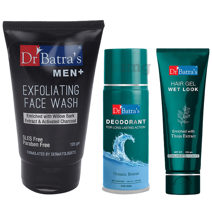 Dr Batra's Combo Pack of Men+ Exfoliating Face Wash 125gm, Deodorant for Men 100gm and Hair Gel Wet Look 100gm