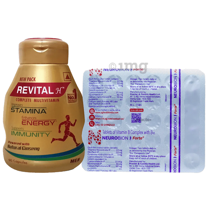 Revital H Men Multivitamin with Calcium, Zinc & Ginseng for Immunity, Strong Bones & Energy (60Capsules) & Neurobion Forte Tablet (30 Tablets)