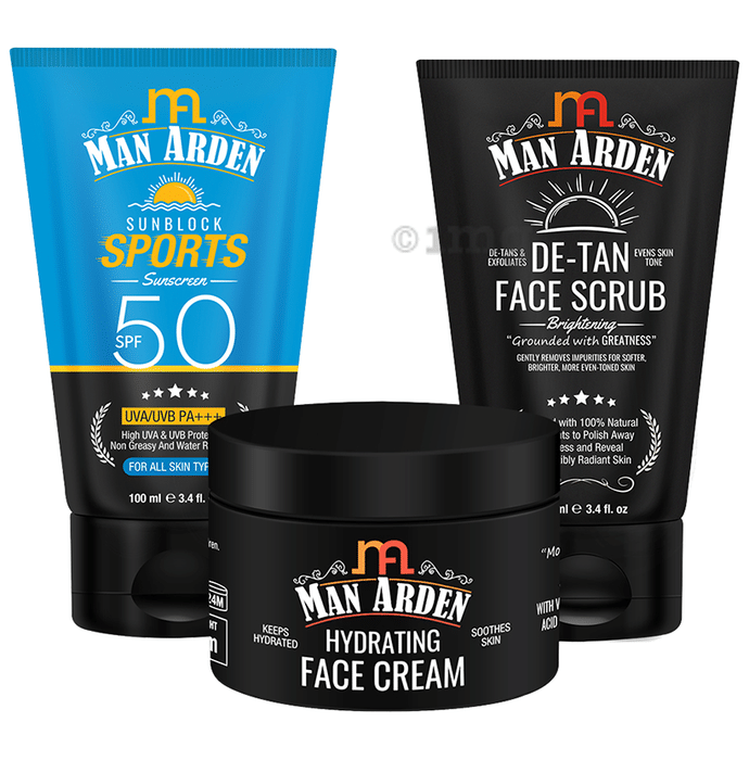 Man Arden Combo Pack of Sunblock Sport Sunscreen 100ml, Hydrating Face Cream 50gm & De-Tan Face Scrub 100ml