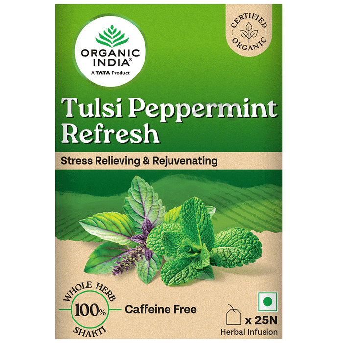 Organic India Tea for Immunity, Antioxidant Support & Stress Relief | Flavour Tulsi Peppermint Refresh Green Tea