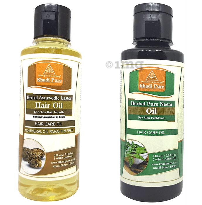 Khadi Pure Combo Pack of Herbal Pure Neem Oil & Herbal Ayurvedic Castor Hair Oil Mineral Oil Free & Paraffin Free (210ml Each)