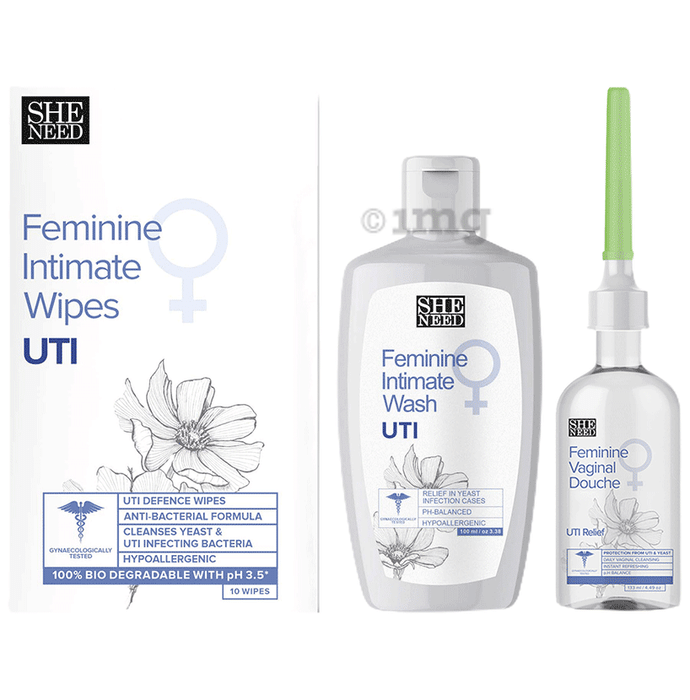 SheNeed Feminine Intimate UTI Relief Combo Pack with UTI wipes (10), UTI Relief Douche (122ml) & UTI Intimate Wash (100ml)