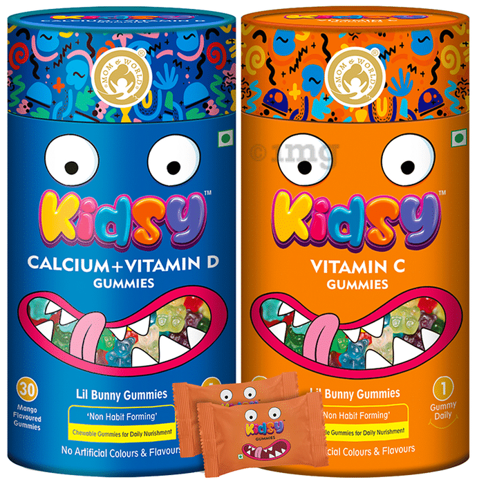 Mom & World Combo Pack of Kidsy Calcium + Vitamin D and Vitamin C Gummies (30 Each) Mango & Orange