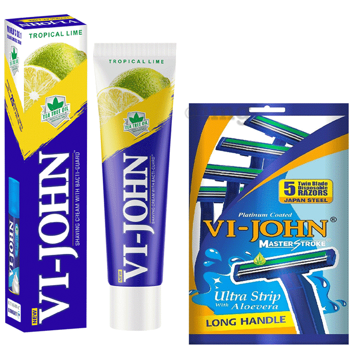 Vi-John Combo Pack of Shaving Cream with Bacti-Guard (125gm) & Platinum Plated Master Stroke Razor (5) Tropical Lime