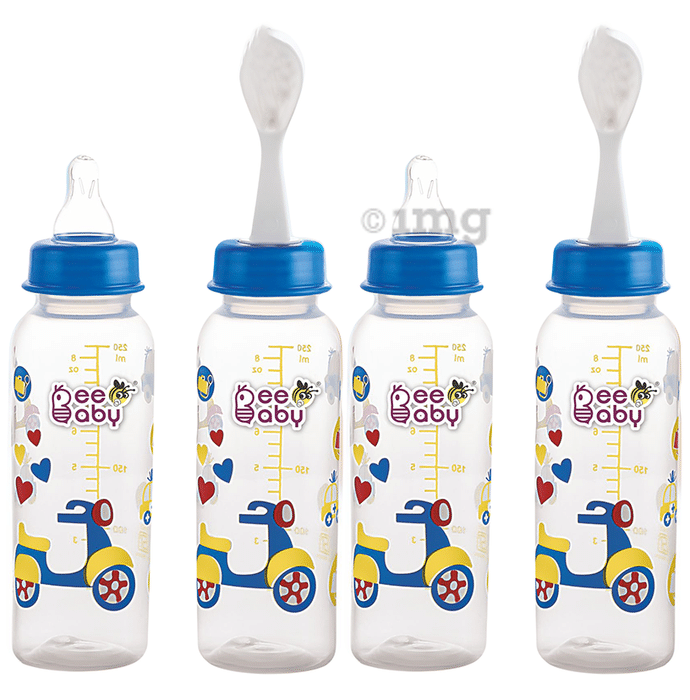 BeeBaby 2 in 1 Gentle Slim Neck Baby Feeding Bottle with Anti - Colic Gentle Touch Silicone Nipple and Feeder Spoon 8 Months + (250ml Each) Blue