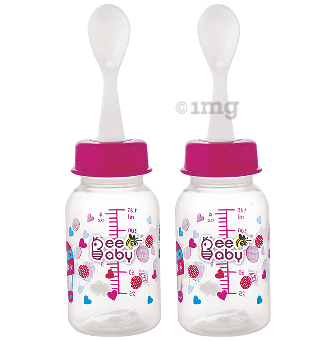 BeeBaby 2 in 1 Gentle Slim Neck Baby Feeding Bottle with Anti - Colic Gentle Touch Silicone Nipple and Feeder Spoon4 Months + (125ml Each) Pink