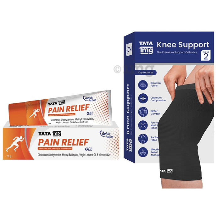 Combo Pack of Tata 1mg Knee Cap Black Edition for Sports Large & Tata 1mg Pain Relief Gel (75gm)